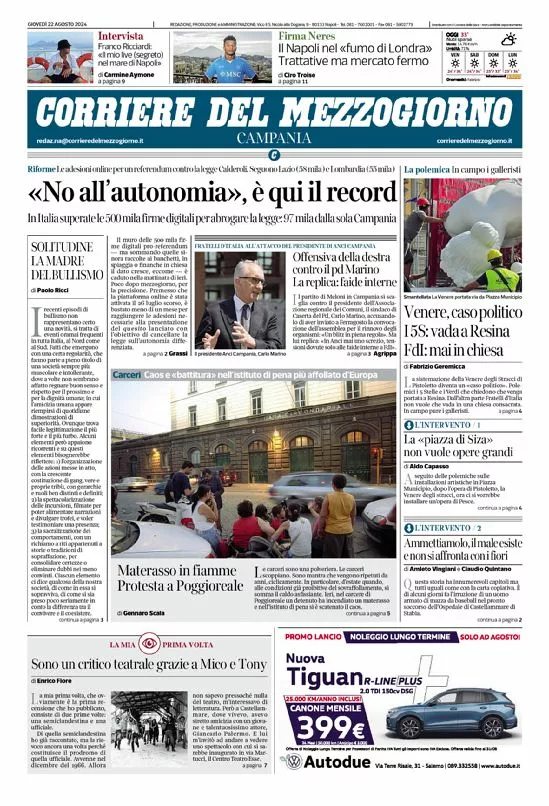 Prima-pagina-corriere del mezzogiorno-del-2024-08-22